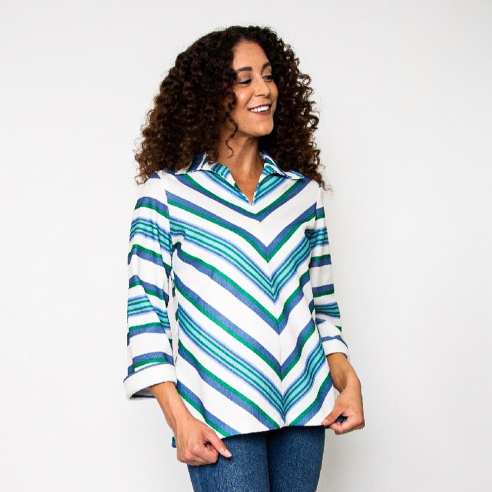 Vintage chevron print blue green and white long sleeve top.